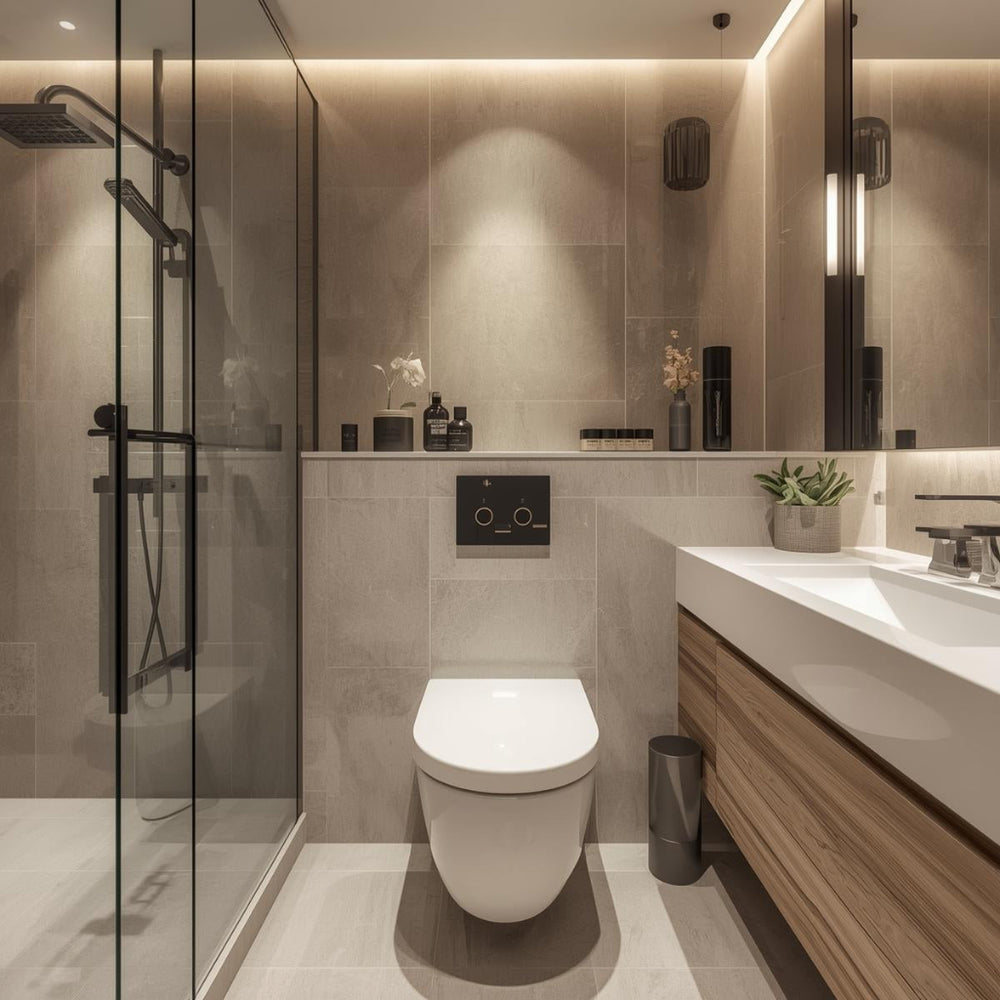Salle de bain moderne avec abattant WC blanc forme D