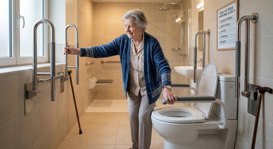 Une personne âgée qui s'installer sur un abattant WC 