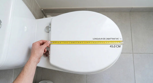 Image qui montre un mètre ruban qui mesure un abattant WC standard