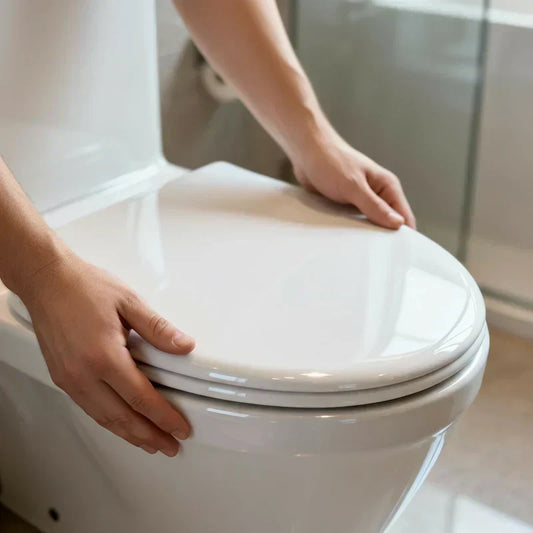 Mains sur un abattant WC blanc brillant et moderne