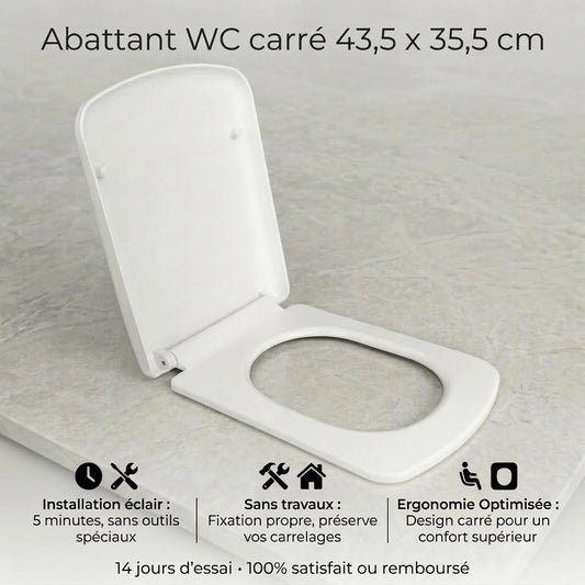 Abattant WC carré blanc facile à installer, sans travaux, et avec une ergonomie optimisée de taille 43,5x35,5 cm
