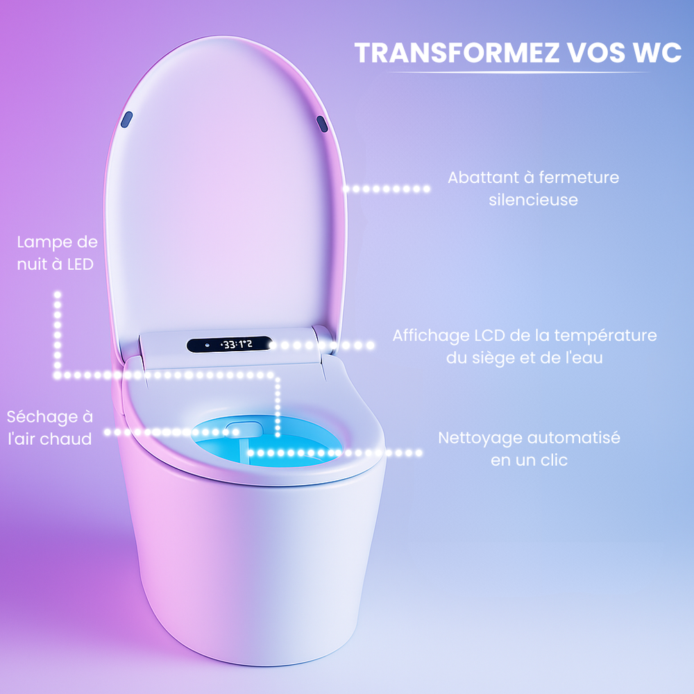 Descriptions d'un abattant WC japonais avec sa fermeture silencieuse, la lampe de nuit à LED, le séchage à l'air chaud, le bidet de nettoyage et l'affichage LCD de la température du siège et de l'eau 