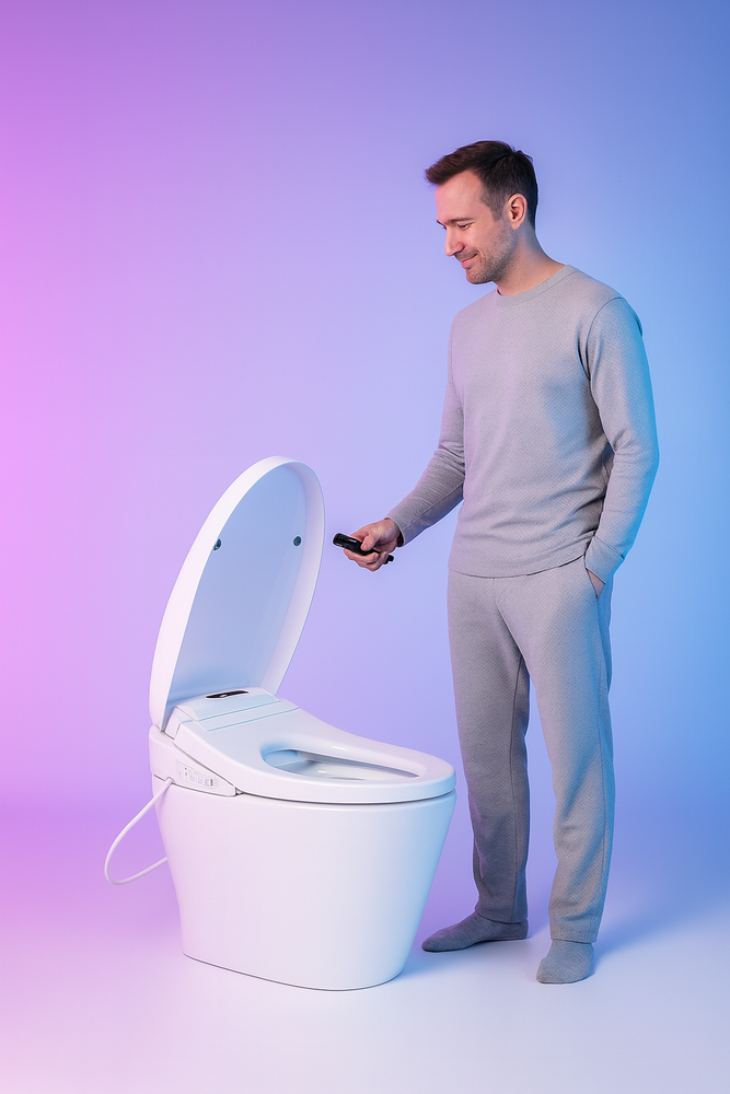 Homme avec une télécommande d'utilisation devant une toilette japonaise 