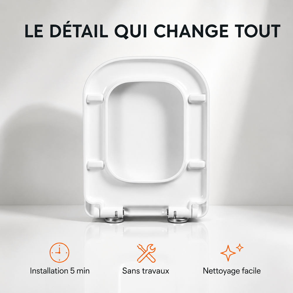 Abattant WC Carré 45×36 cm – Frein de Chute Silencieux & Déclipsage Rapide – Entraxe 10–24 cm