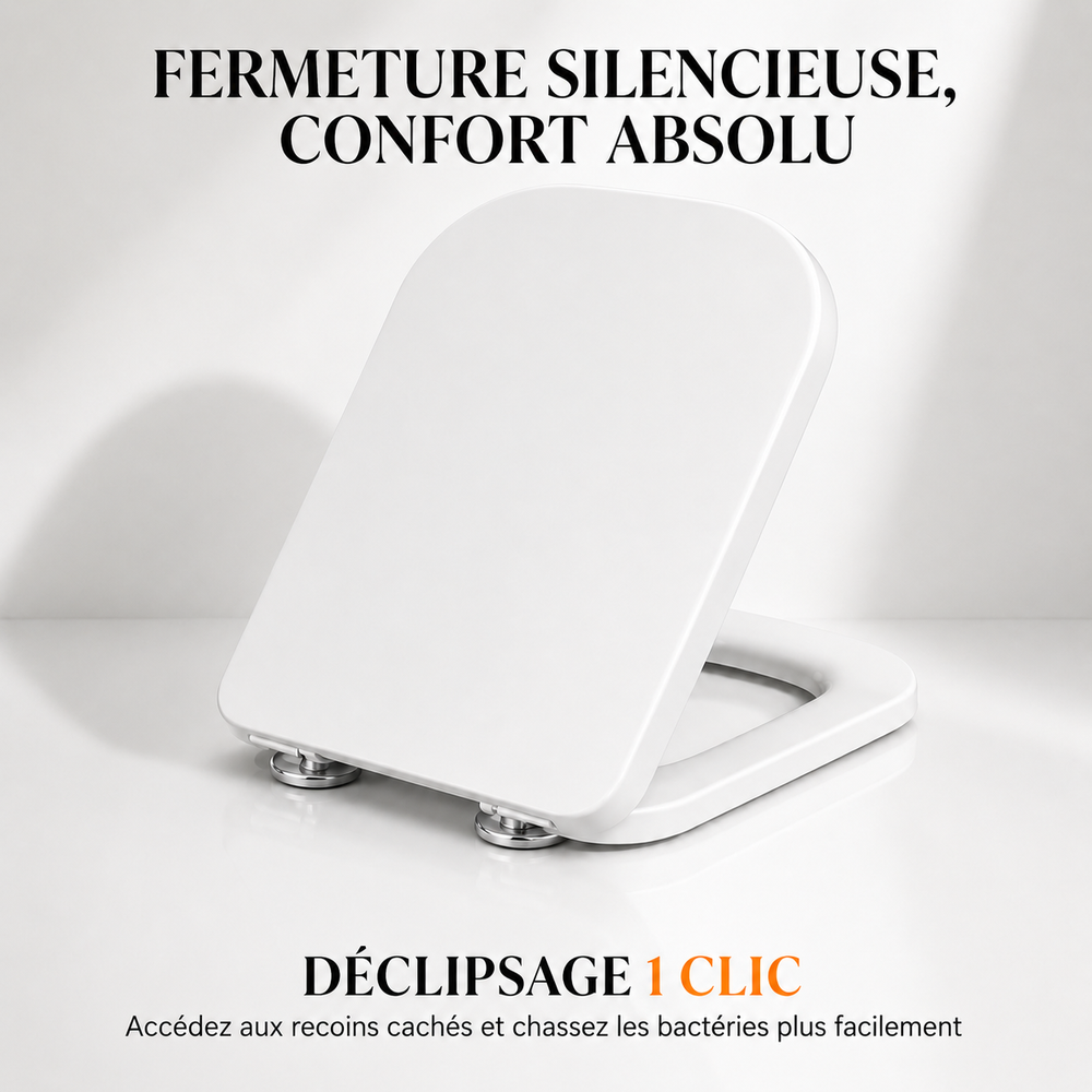 Abattant WC Carré 45×36 cm – Frein de Chute Silencieux & Déclipsage Rapide – Entraxe 10–24 cm