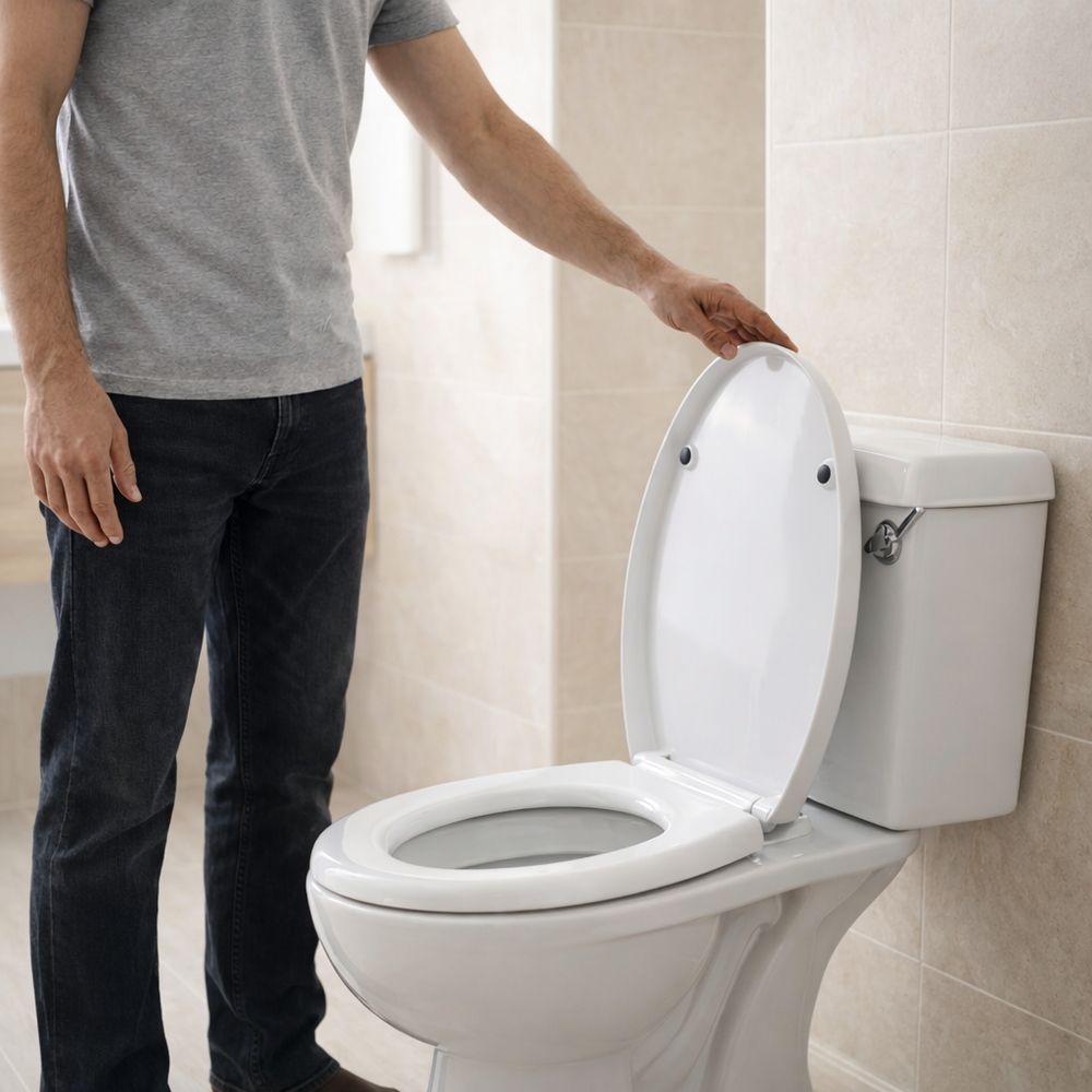 Homme tenant un abattant WC blanc forme O 