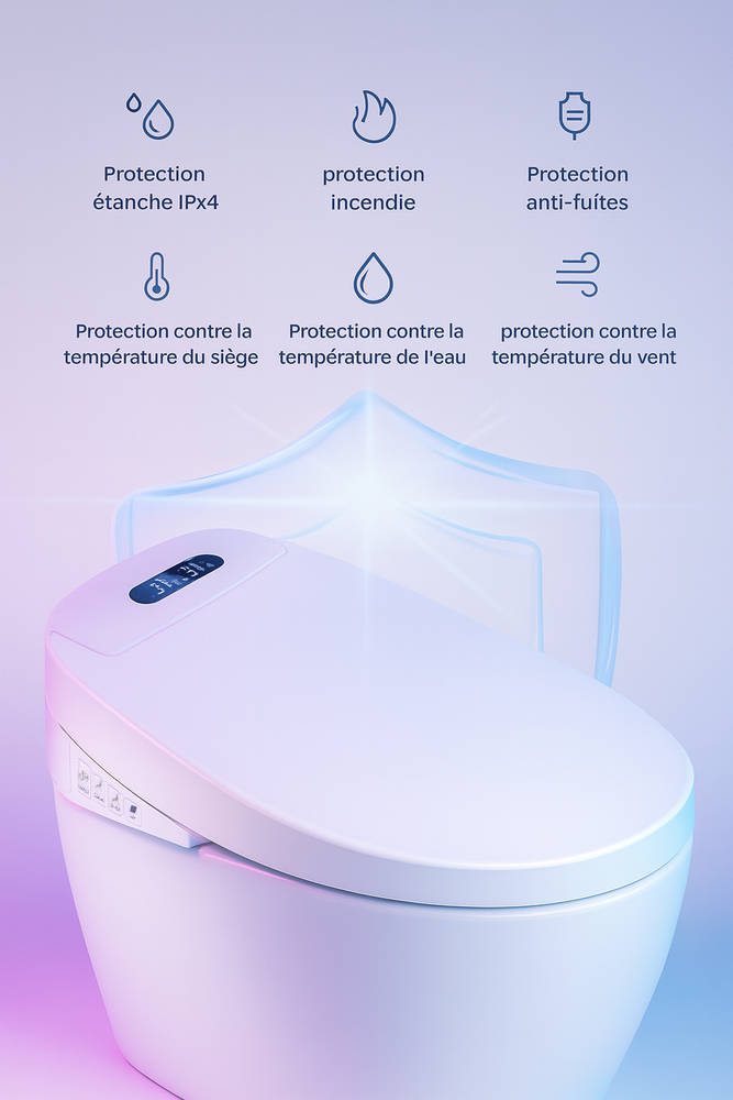 Abattant WC japonais avec ses différentes fonctionnalités de protection contre les fuites, l'eau, la température du siège, l'incendie, la température du vent