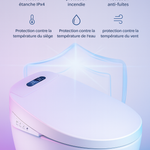 Abattant WC japonais avec ses différentes fonctionnalités de protection contre les fuites, l'eau, la température du siège, l'incendie, la température du vent