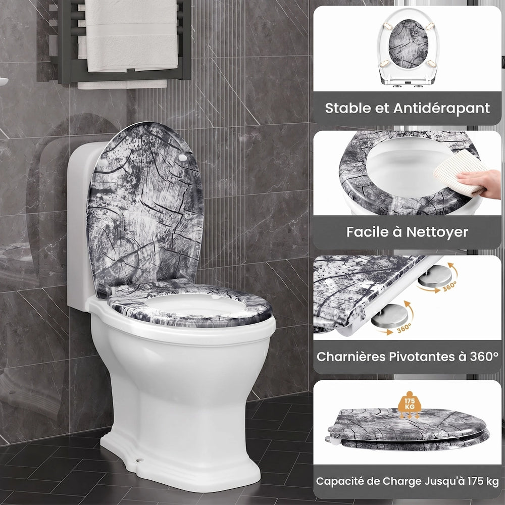 Un abattant WC forme O et gris avec motif bois, qui est stable, antidérapant, facile à nettoyer, a des charnières pivotantes à 360 degrés et détient une capacité de charge jusqu'à 175 kg