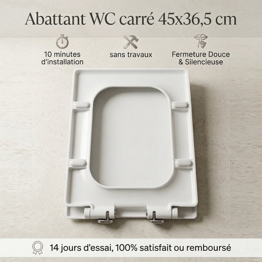 Abattant WC carré blanc facile à installer, sans travaux et avec fermeture soft-close, et de taille 45x36,5 cm