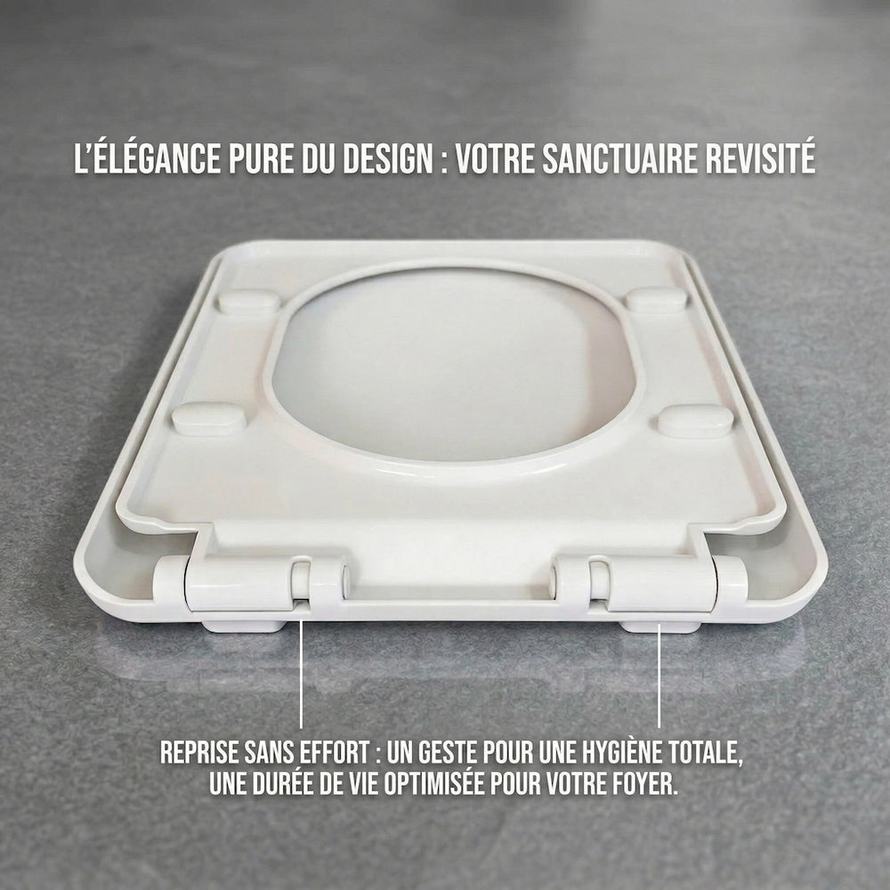 Abattant WC carré blanc sur un sol, avec un design pur et système de clipsage immédiat 