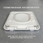 Abattant WC carré blanc sur un sol, avec un design pur et système de clipsage immédiat 