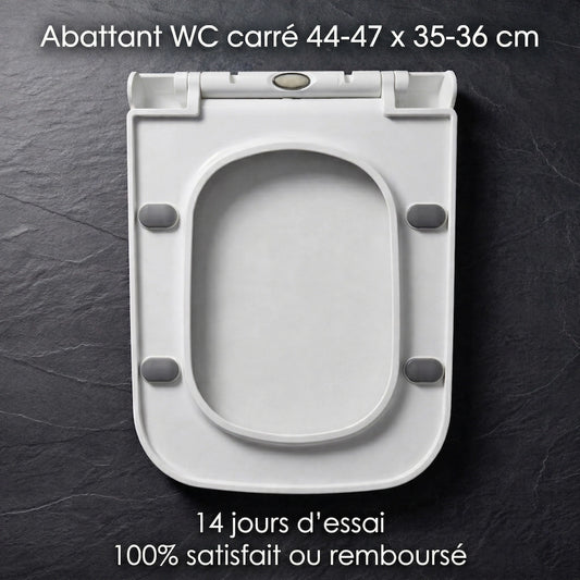 Abattant WC carré blanc avec 4 patins antidérapants, un bouton déclipsable et de taille 44-47 x 35-36 cm