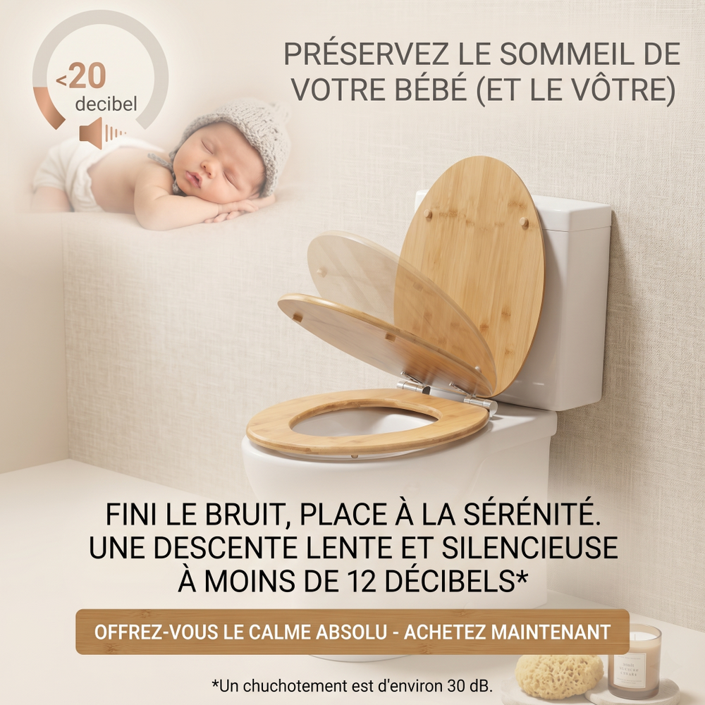 Abattant WC Bambou Universel 40–47 cm Soft-Close – Charnières Métal & Fixation Rapide
