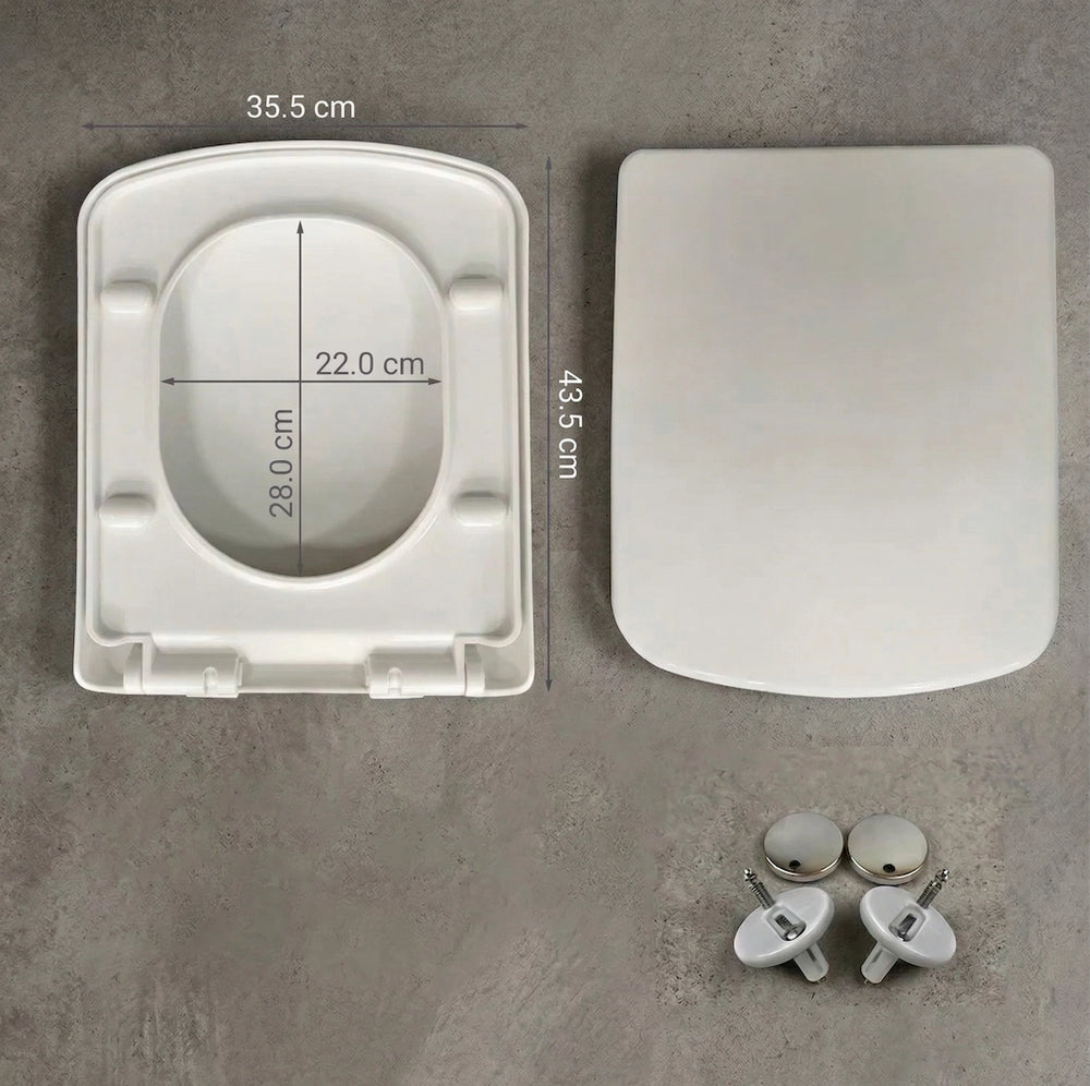 Abattant WC carré blanc avec ses charnières en acier inoxydable et ses tailles comprises