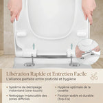 Un abattant WC carré blanc avec système de déclipsage rapide, avec des mains qui utilisent les deux boutons du système Quick-release pour enlever l'abattant et nettoyer facilement 