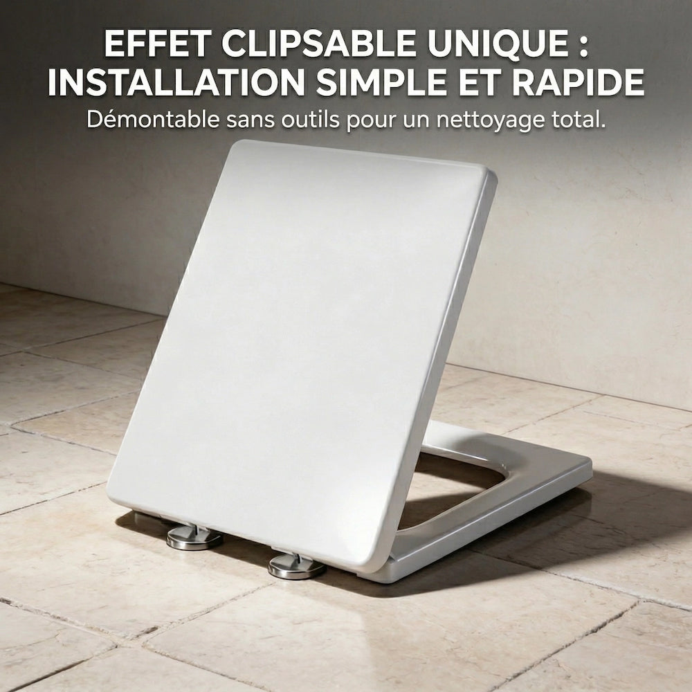 Abattant WC carré blanc ouvert avec charnières inoxydables et système de dégagement rapide 