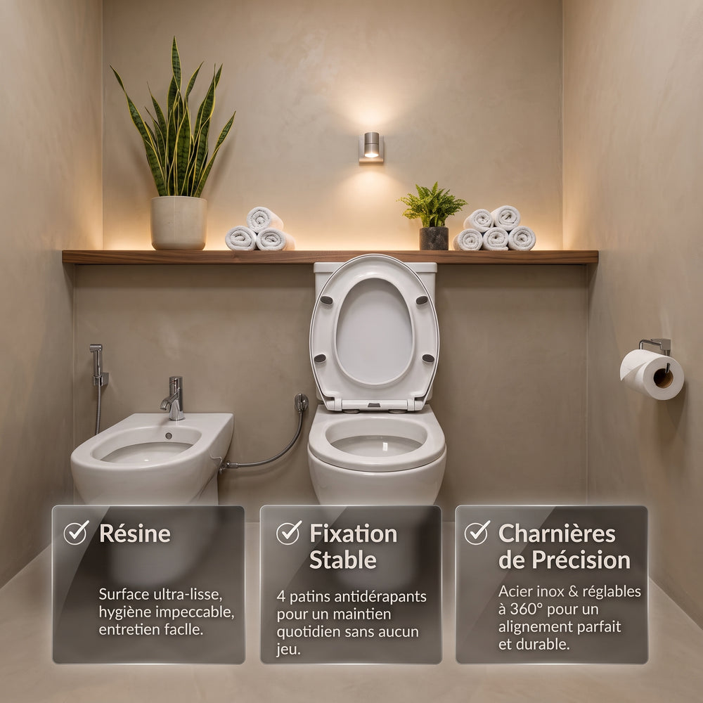 Abattant WC Fermeture Lente™ – SoftClose Ultra-Silencieux – Antichocs & Antibactérien