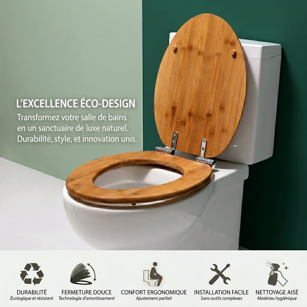 Abattant WC Bambou Universel 40–47 cm Soft-Close – Charnières Métal & Fixation Rapide