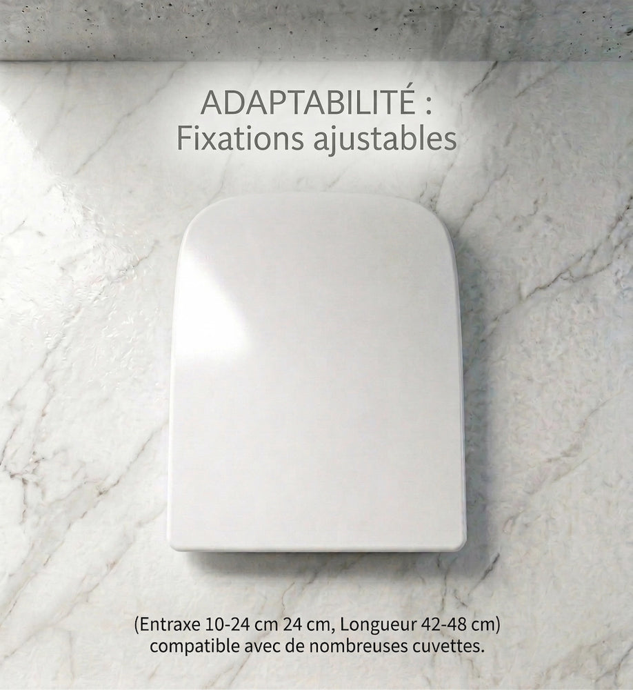 Abattant WC carré avec fixations ajustables et compatibles avec de nombreuses cuvettes 