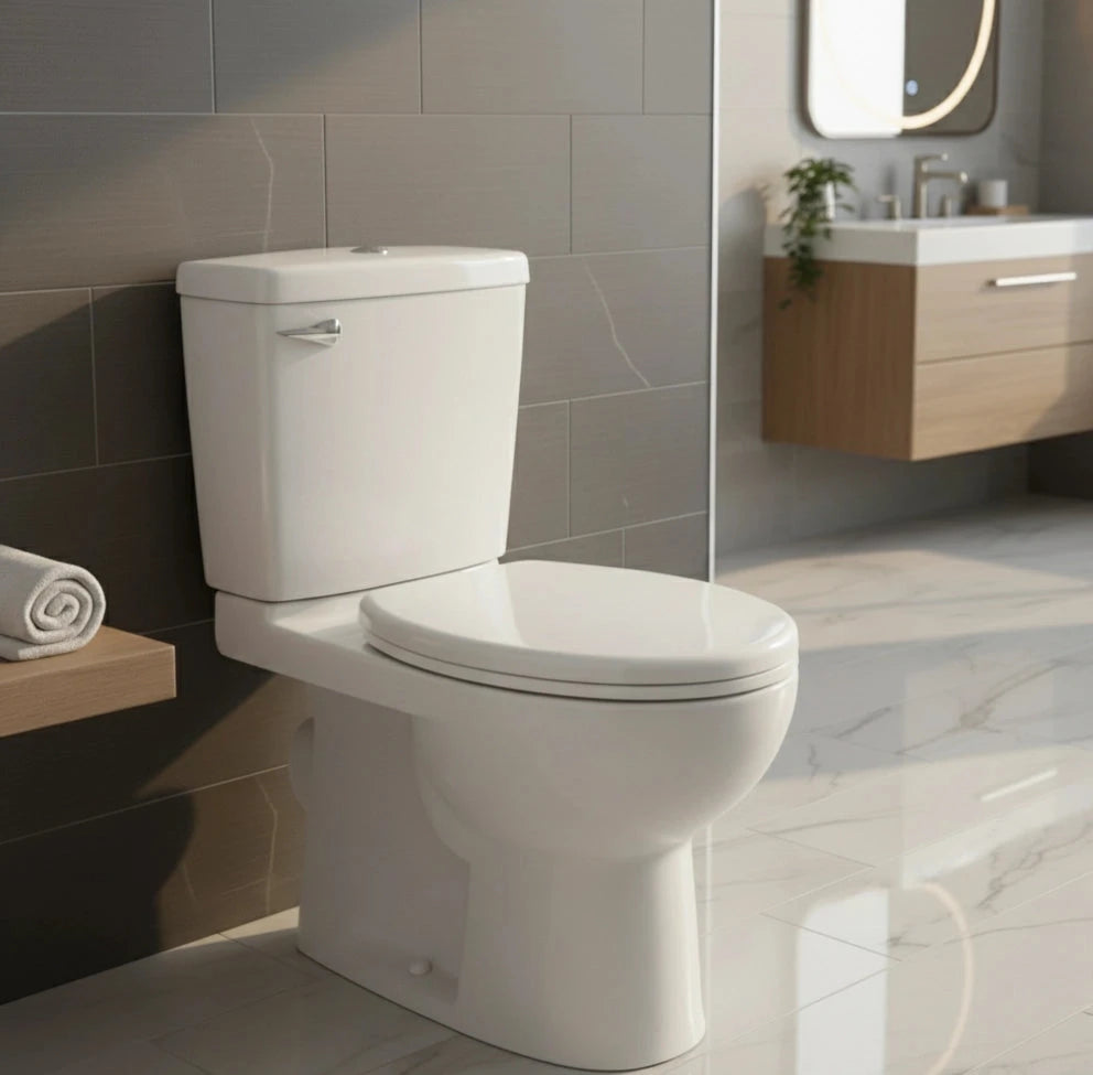 Salle de bain moderne avec un abattant wc blanc et rond classique 