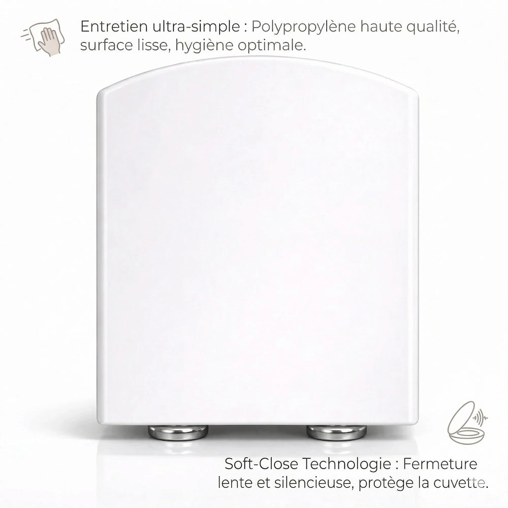 Abattant WC carré blanc avec frein de chute et surface lisse simple à nettoyé, matière en polypropylène haut qualité 