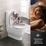 Un abattant WC forme O avec un motif de marbre en train de se fermer lentement grâce à son système de frein de chute 