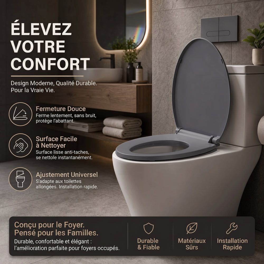 Abattant WC Gris Ovale – Fermeture Douce & Design Premium