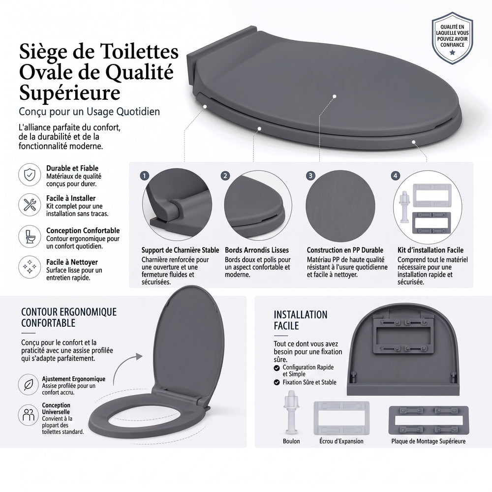 Abattant WC Gris Ovale – Fermeture Douce & Design Premium