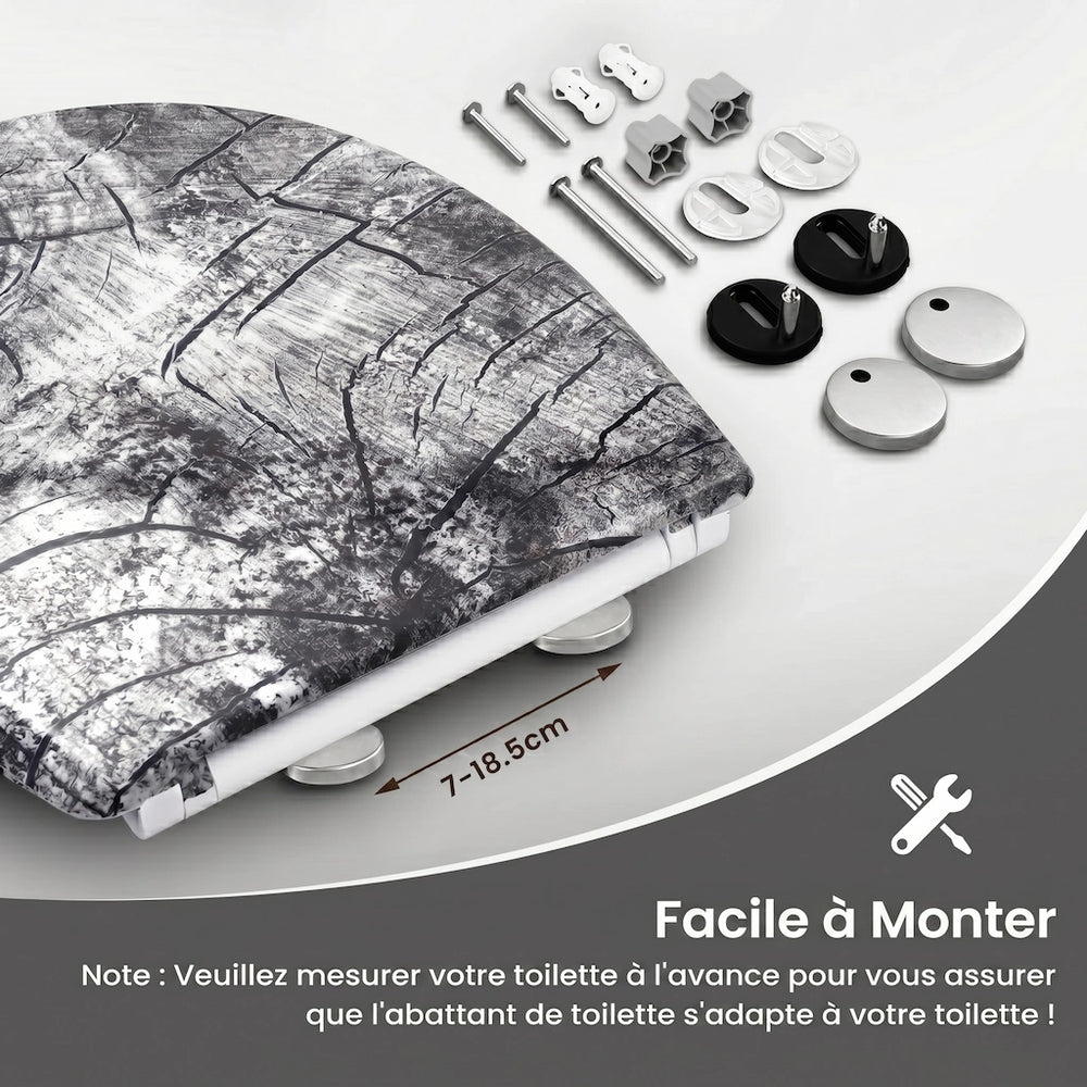 Un abattant WC forme O et gris avec motif bois facile à monter, avec des charnières en acier inoxydables réglables 