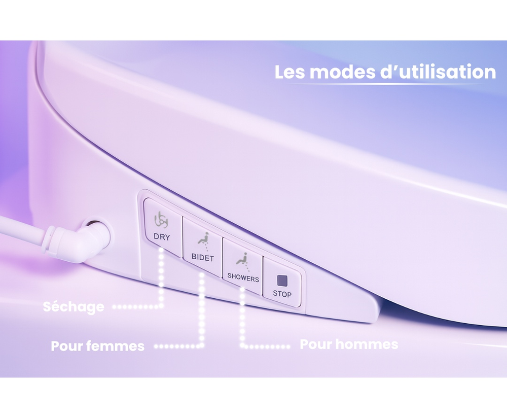Boutons d'utilisation d'abattant WC : séchage, bidet pour femmes et hommes et arrêt d'usage