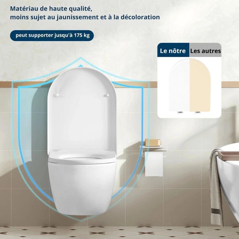 Abattant WC blanc en forme U solide, avec une capacité maximal de 175 kg grâce à des matériaux de qualité