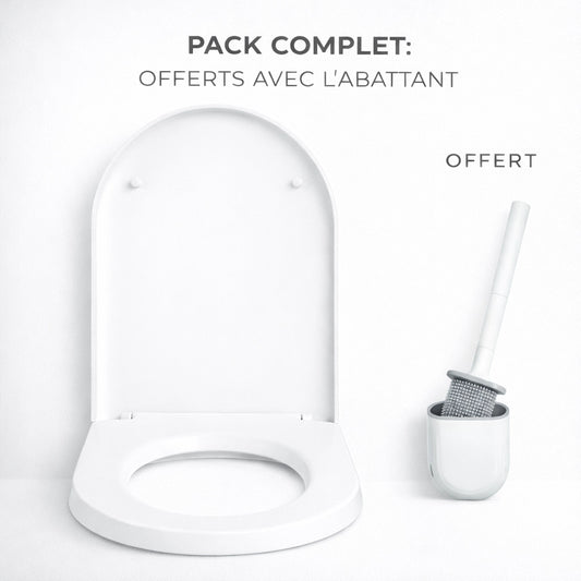 Un abattant WC forme U blanc avec une brosse de toilettes en silicone 