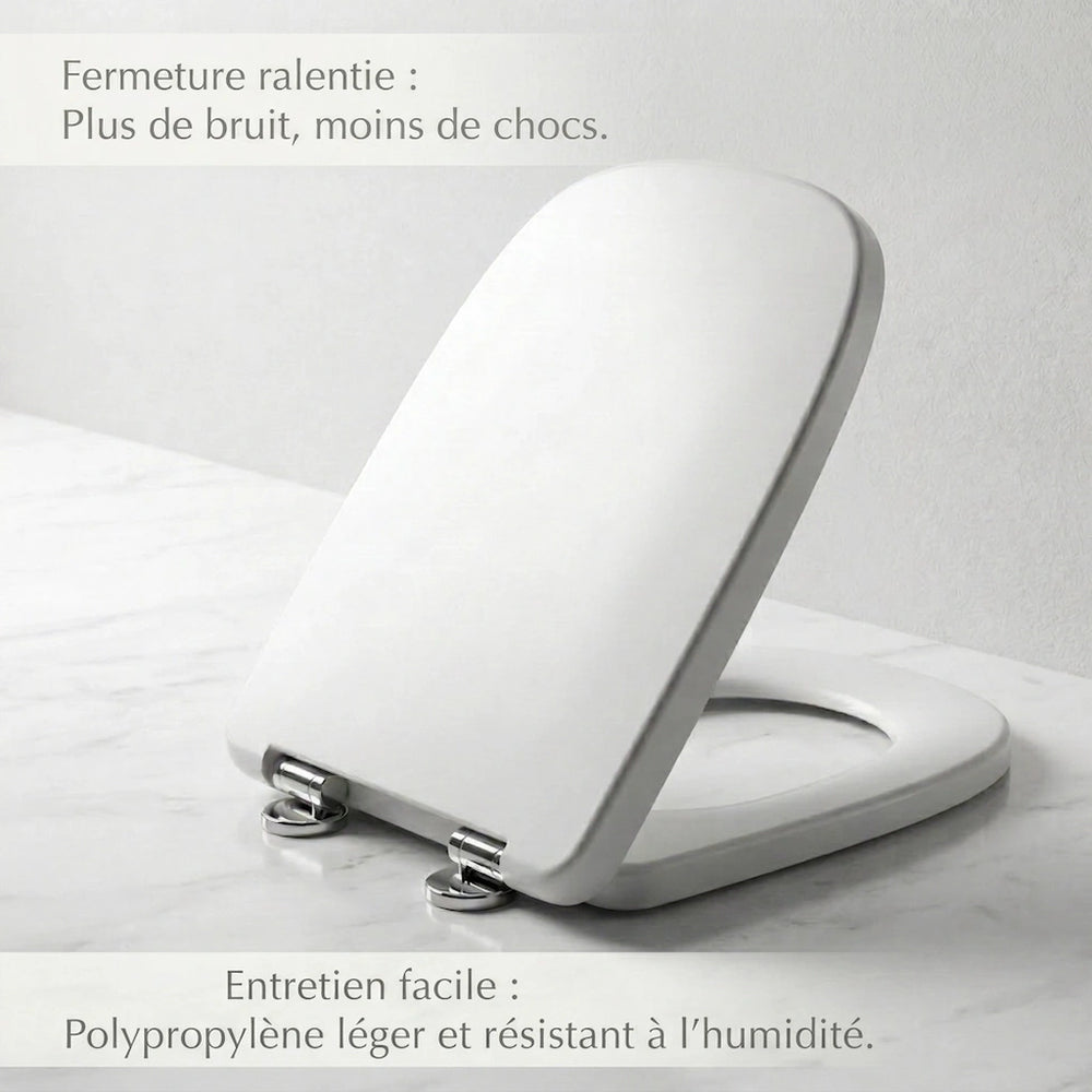 Abattant WC carré avec frein de chute et surface hygiénique facile à nettoyer 
