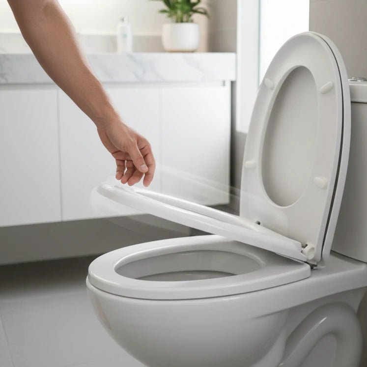 une main qui descend le couvercle d'un abattant qui contient le frein de chute 