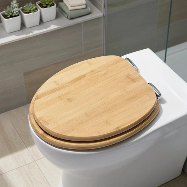 Abattant WC Bambou Universel 40–47 cm Soft-Close – Charnières Métal & Fixation Rapide