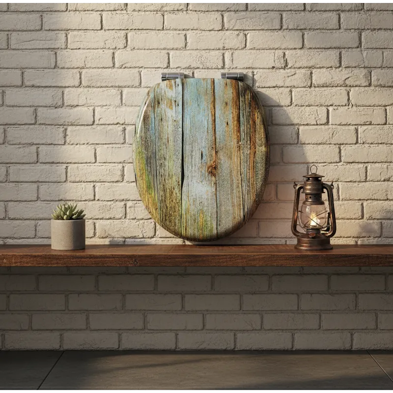 Un abattant WC bois avec un fond de mur en pierre