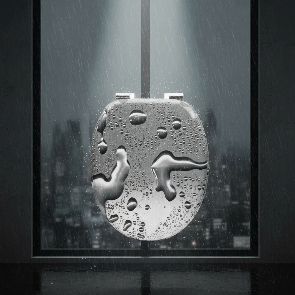 Un abattant WC forme O gris avec motif de goutes d'eaux et des charnières en acier inoxydable sous la pluie 