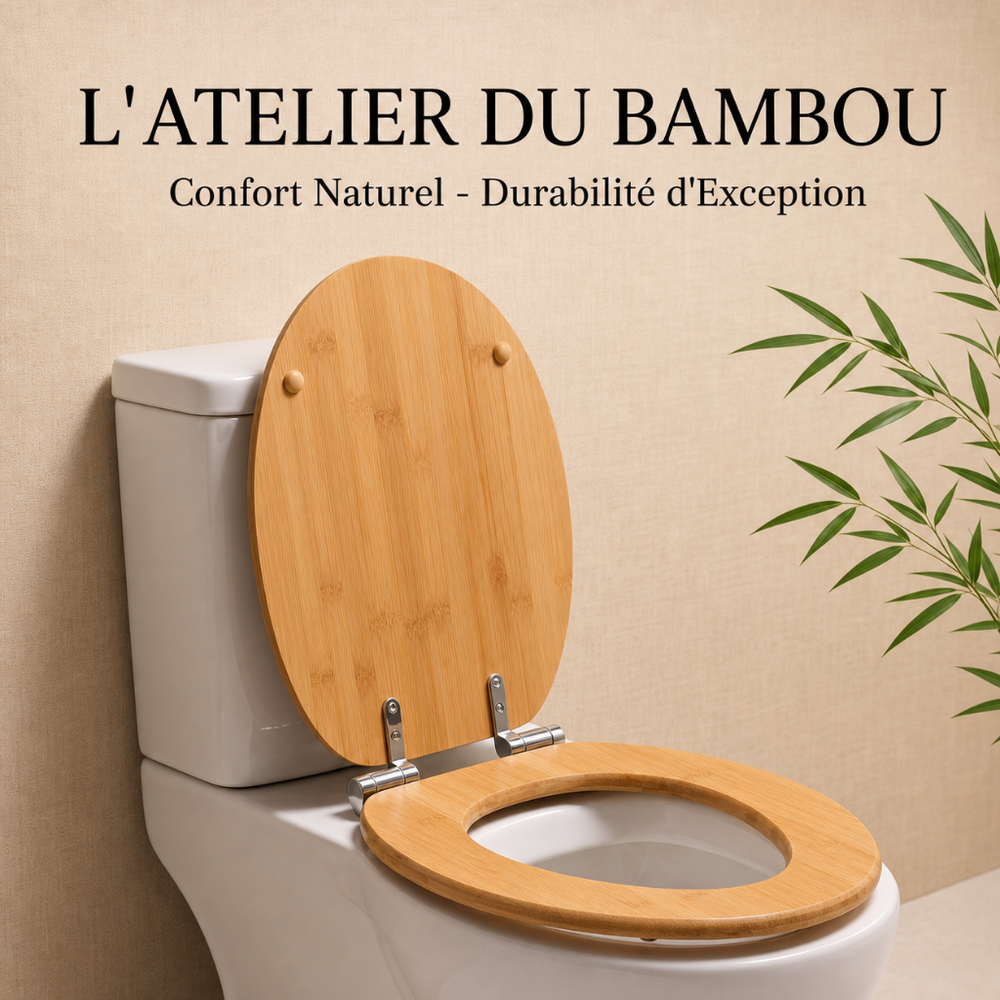 Abattant WC Bambou Universel 40–47 cm Soft-Close – Charnières Métal & Fixation Rapide